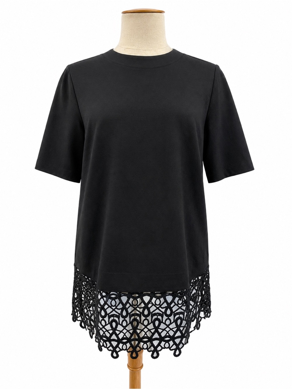 Lela Rose wool tunic top with lace hem 0708 short sleeve crew neck black 14